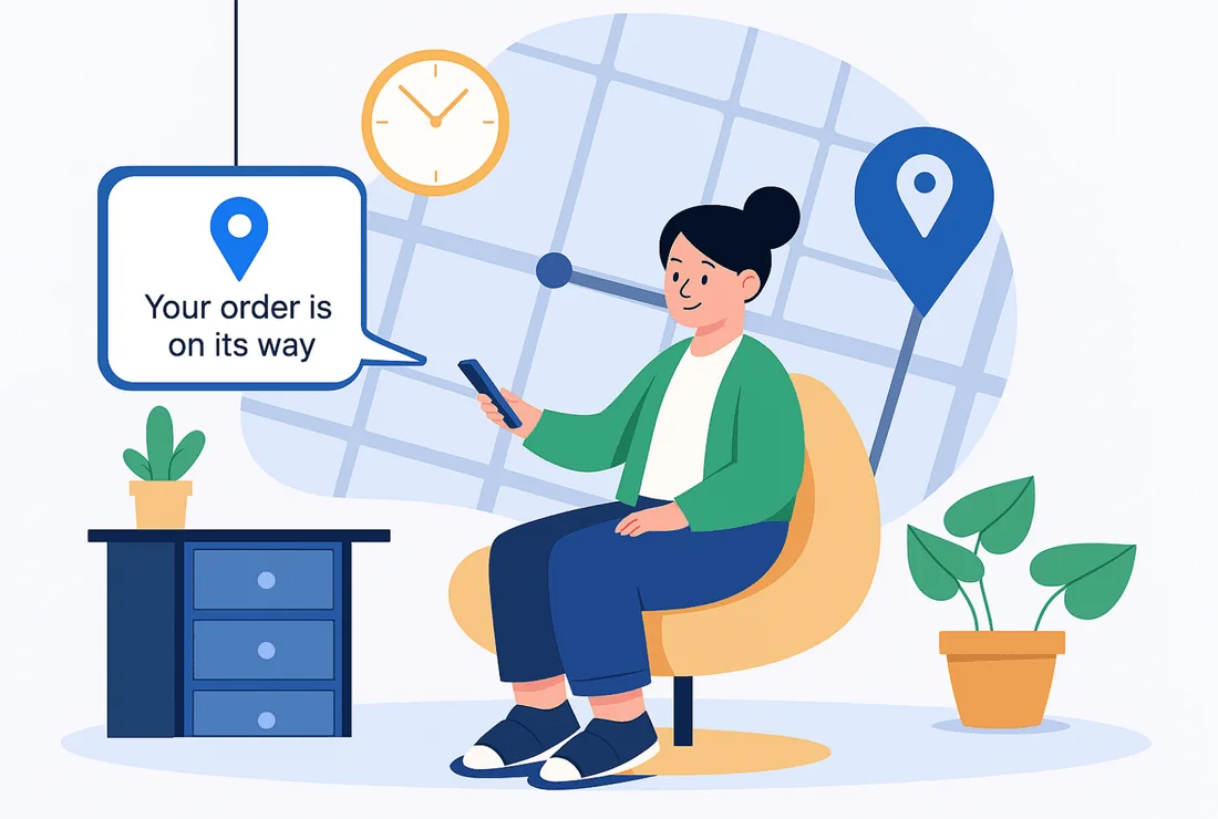 Illustration of a live tracking screen showing delivery status updates to a seller and buyer